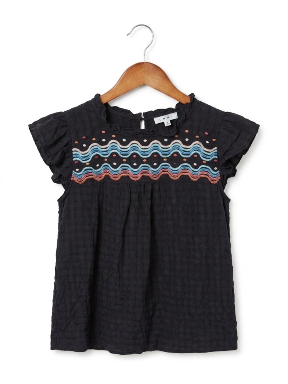 THML Black Smocked Colorful Wave Embroidered Flutter Top 100% Cotton Sz M Women